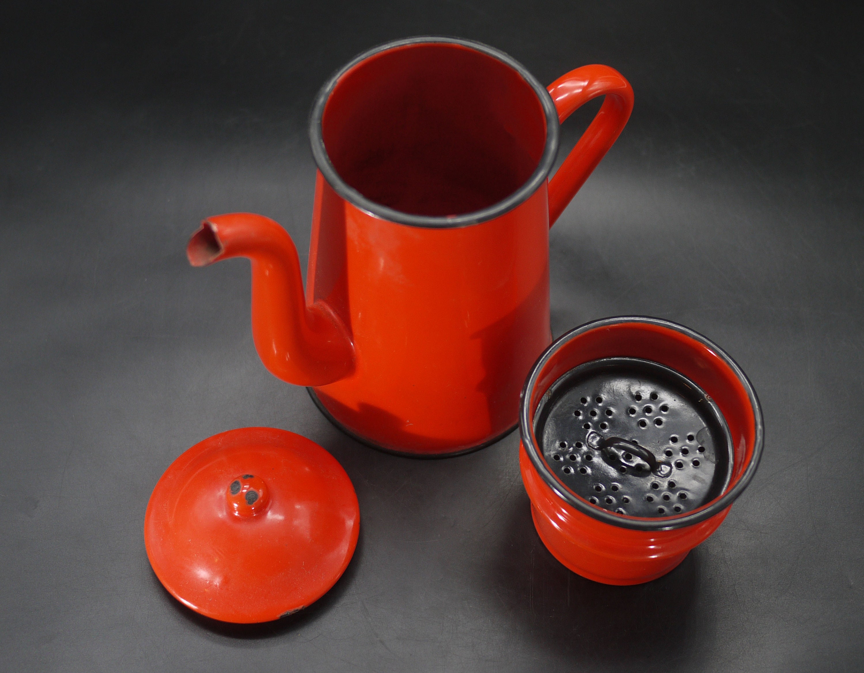 Antique French Enamel Red Coffee Pot Biggin