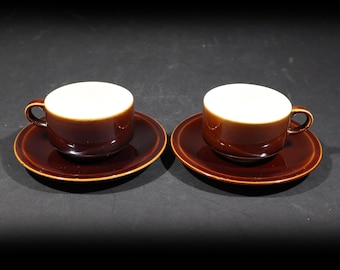 Vintage Cup and Saucer Set Brown White Glazed Ceramic French Bistro Espresso Cups for 2