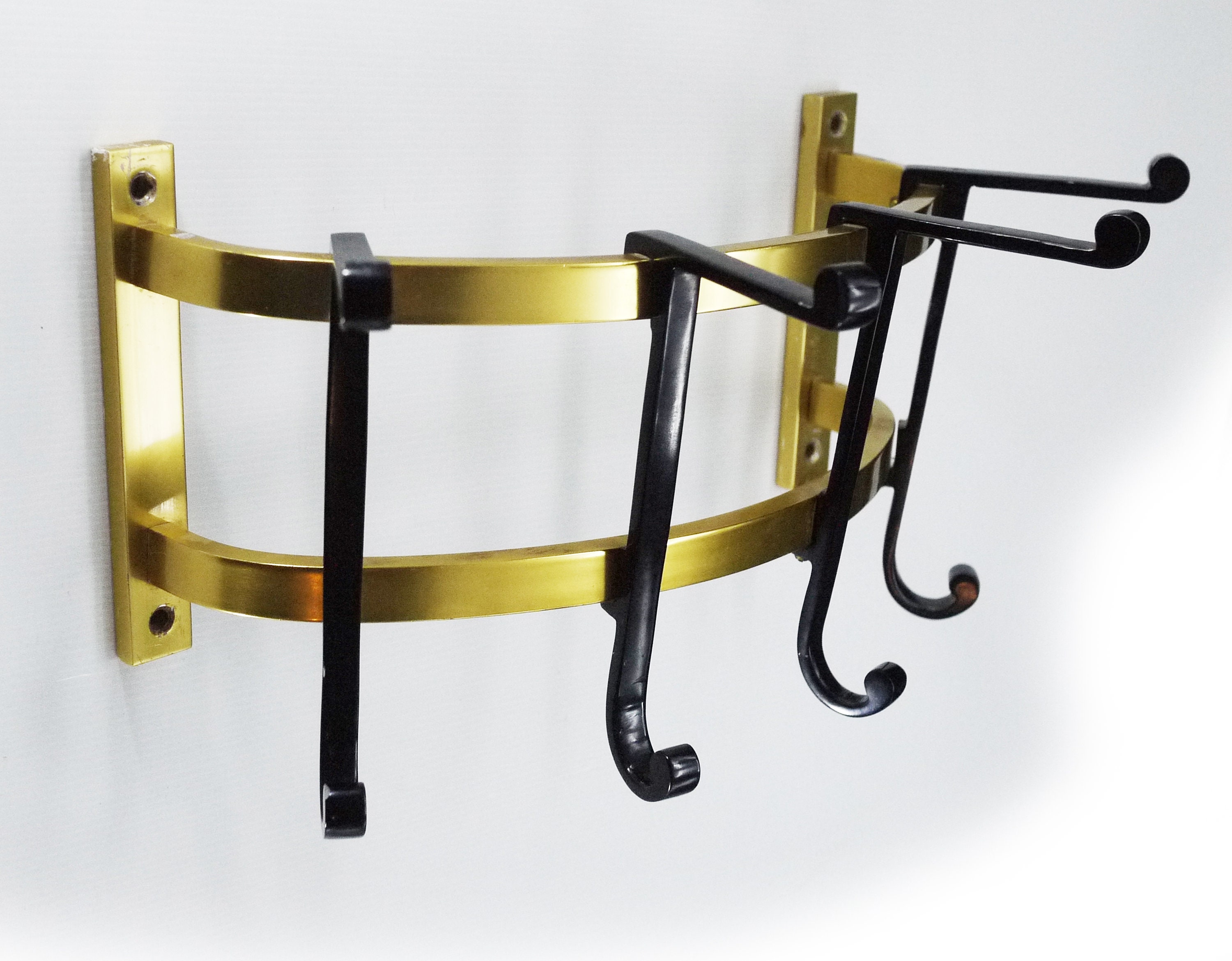 Midcentury Half Moon Coat Rack Brass and Black Metal