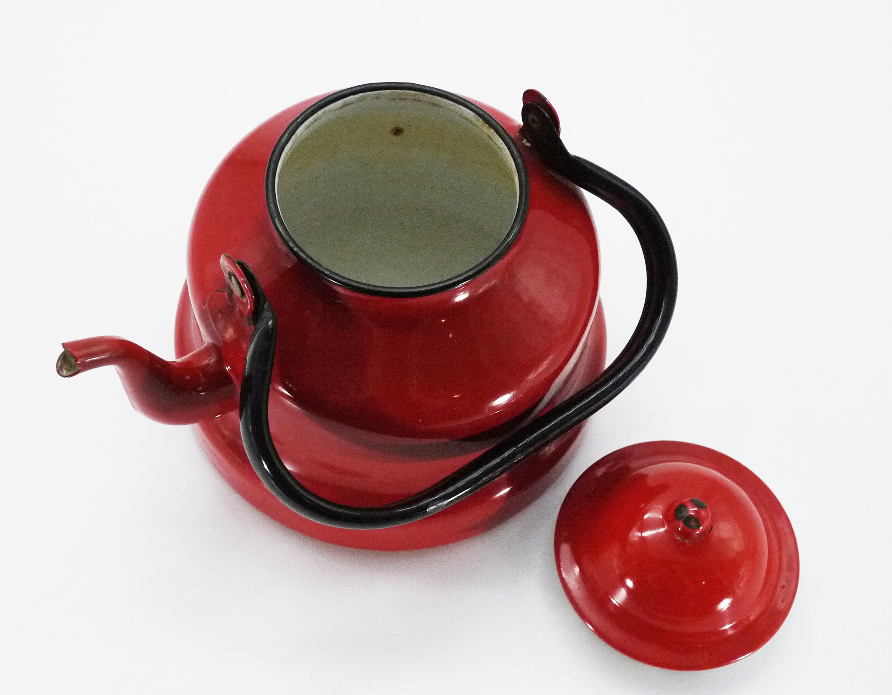 French Red Enamel Large Tea Kettle