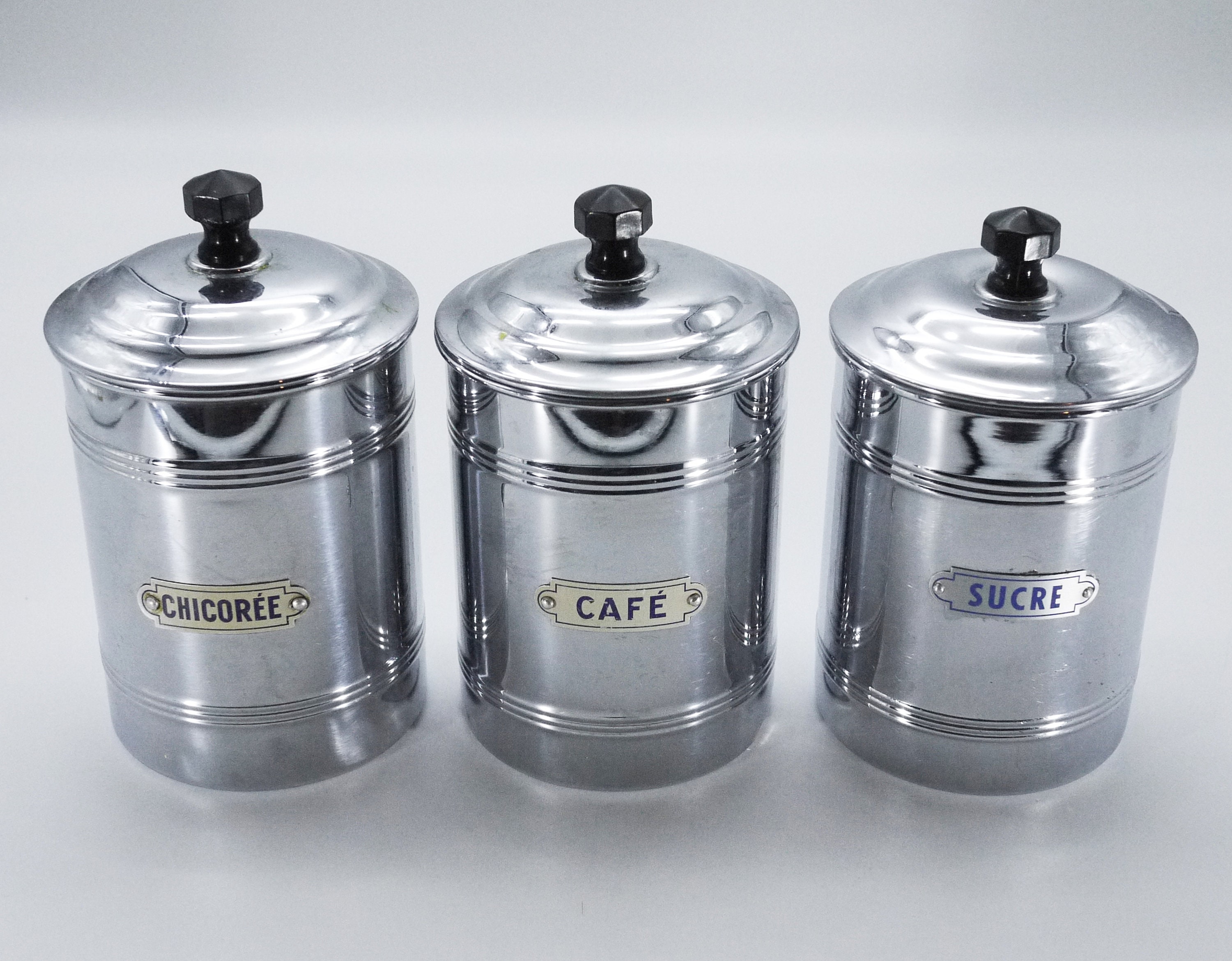 French Chromed Copper Canisters, S/3