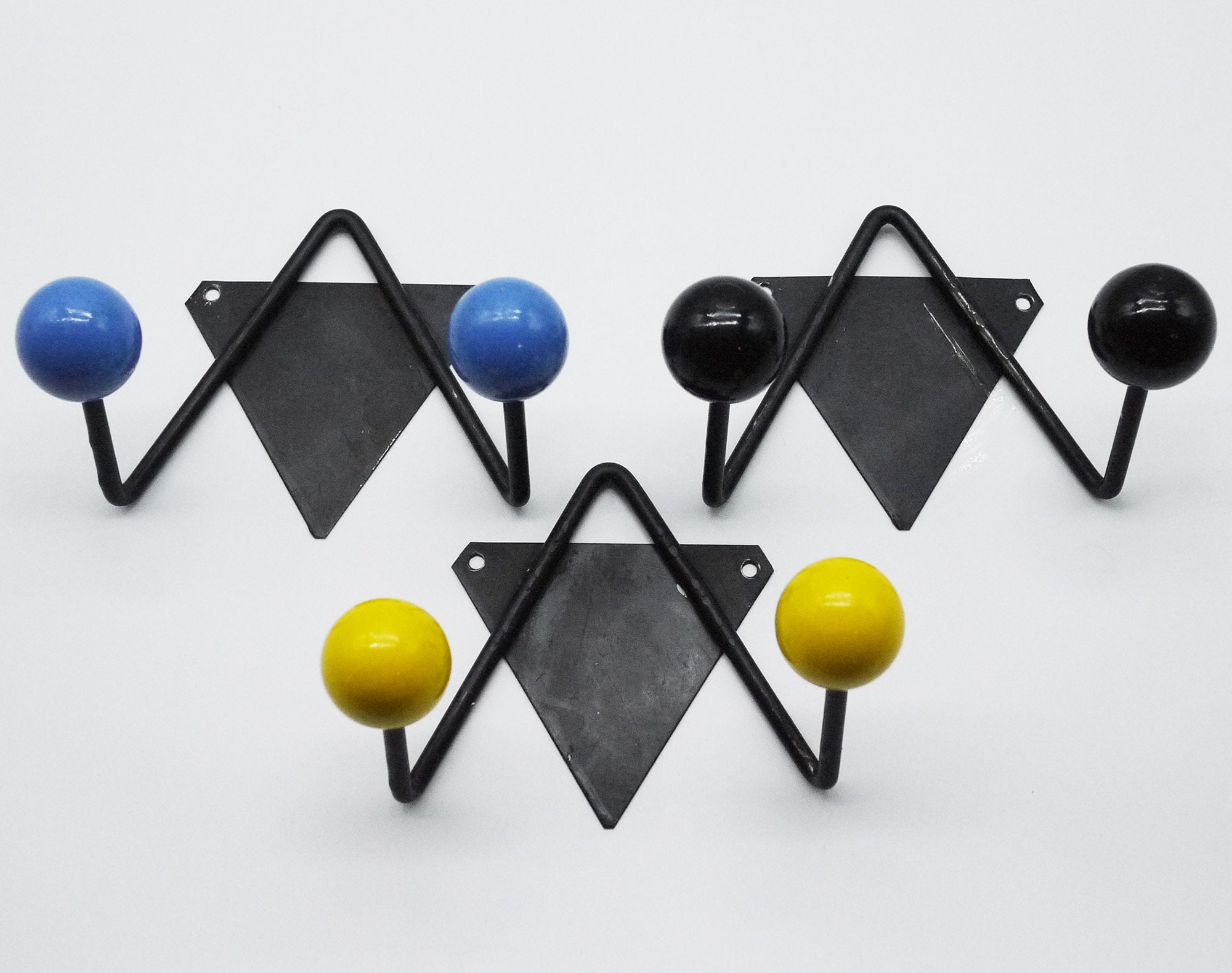 French Vintage Atomic Design Coat Hooks Set, Wooden Ball Coat Hooks