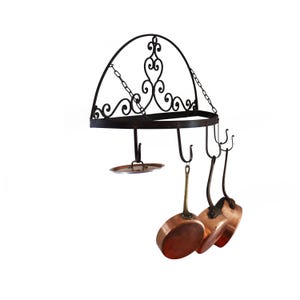 Antique French Iron Large Hanging Pot Rack, Folding Kitchen Utensil Hanger