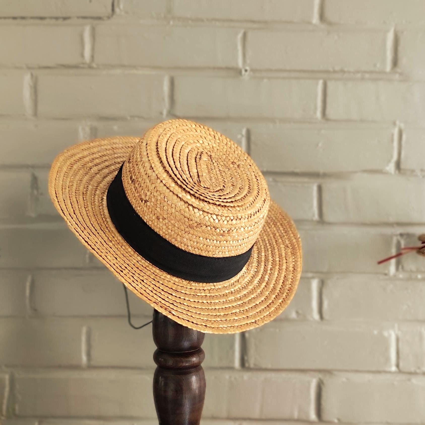 French Black Ribbon Trim Straw Boater Hat, Boater Hat 1960s