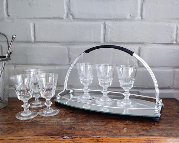 Set of 6 French Art Deco Aperitif Glasses with Silver Mirrored Tray