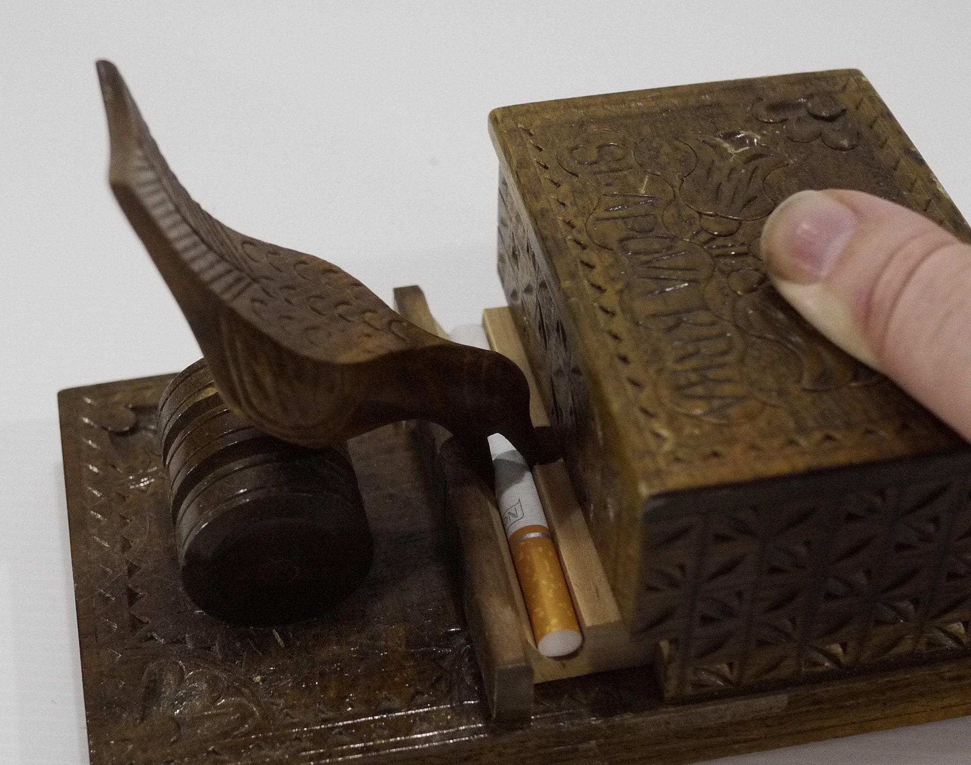 Vintage Bird Cigarette Dispenser, Carved Wooden Cigarette Box Pecking Bird