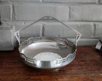 Art Deco Cake Basket in Ceramic & Nickel Plated by Chris van der Hoef for Gebrüder Mehner