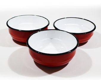 Vintage French Enamelware Bowl set of 3 - Red Enamel Salad Bowls by JAPY