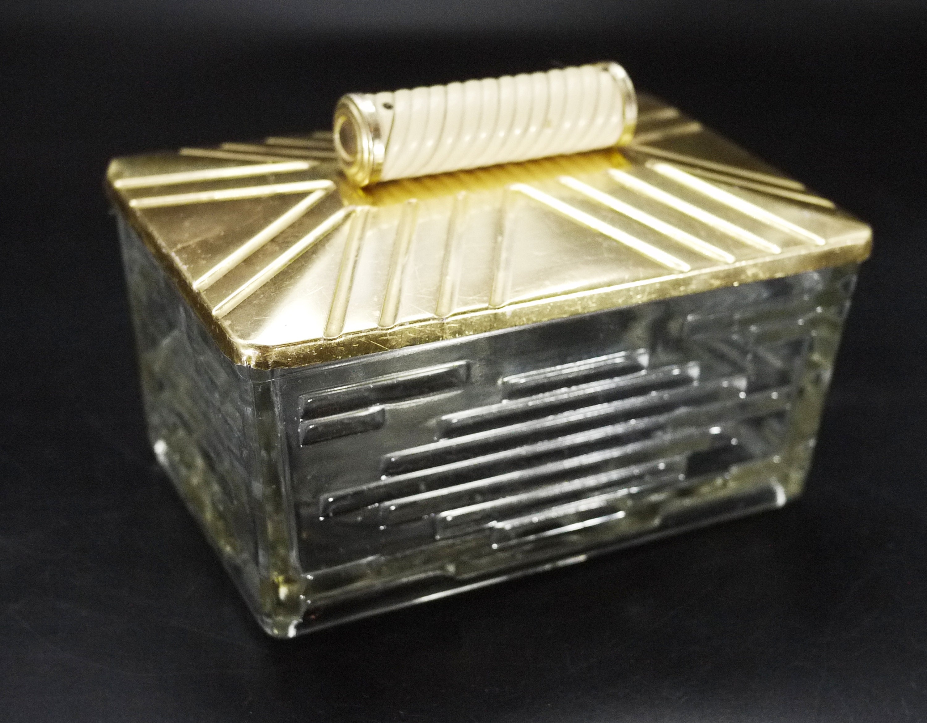 French 1930s Large Glass Cookie Jar with Golden Lid