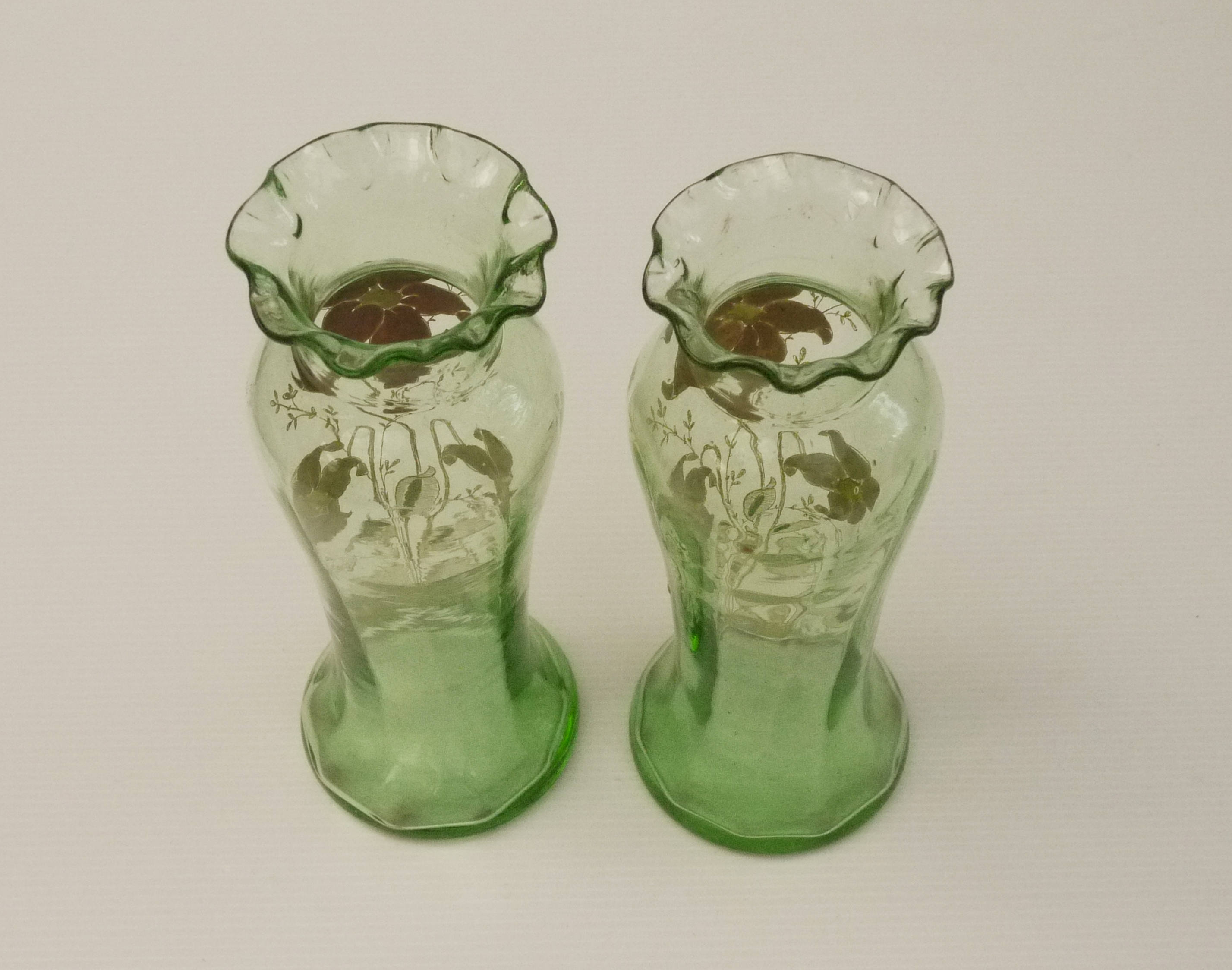 Art Nouveau Green Glass Vases Pair with Enamel Flowers