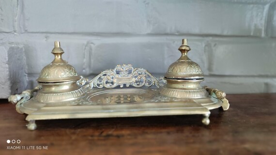 アンティークロココ調真鍮製インク壺スタンド、フランス製デスク