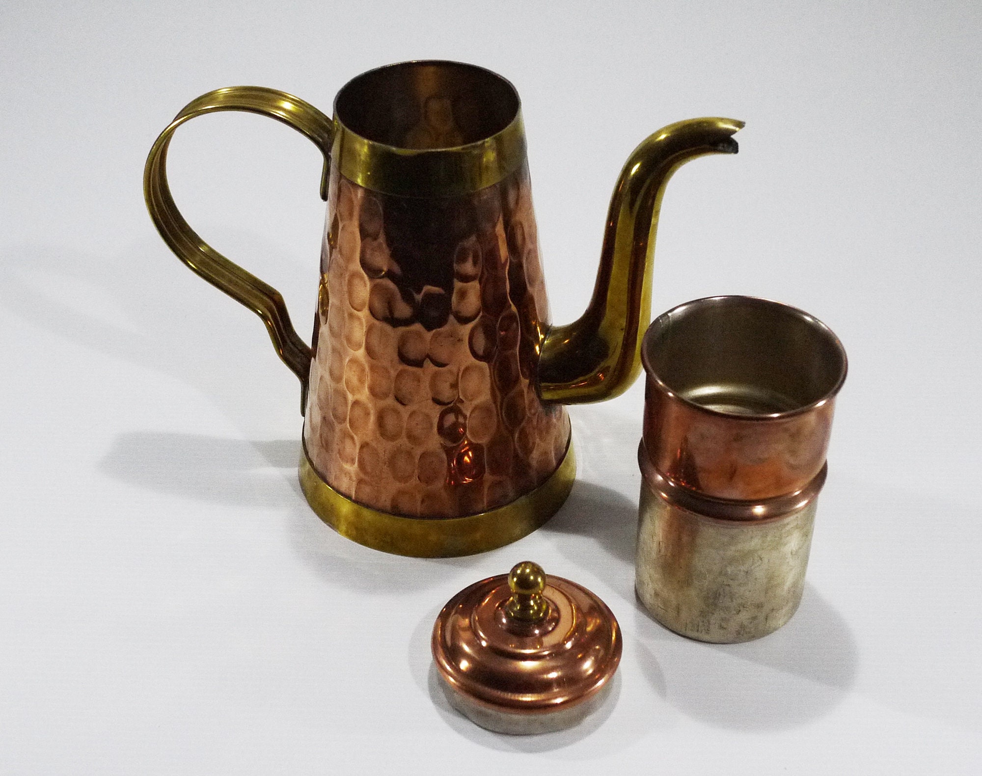 French Vintage Copper and Brass Coffee Maker with Dripper