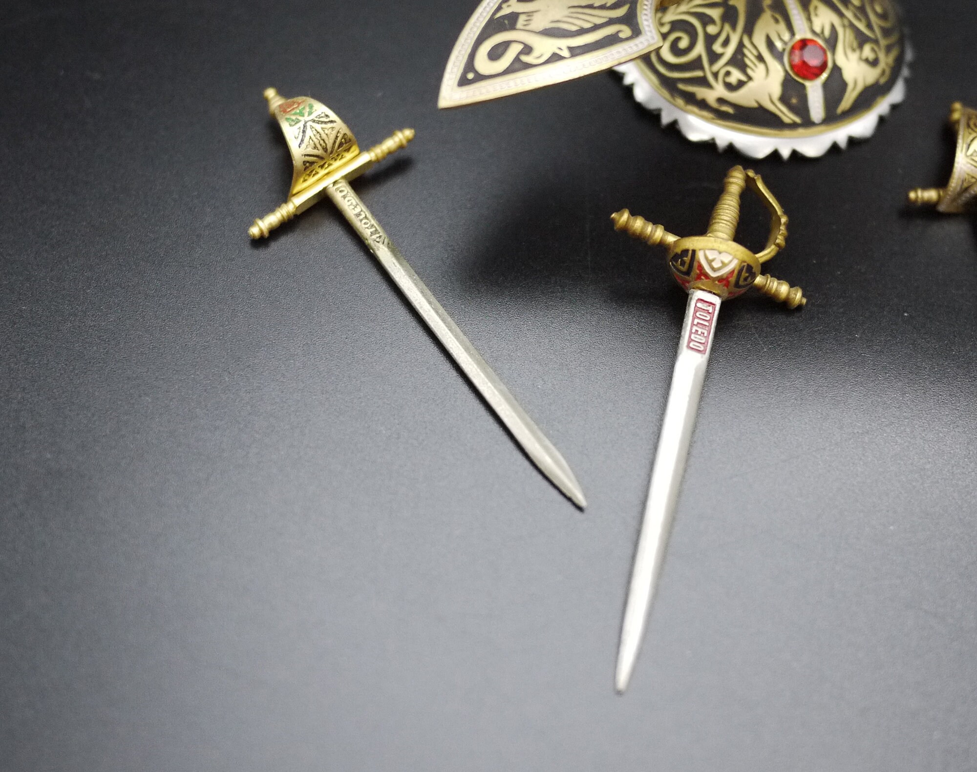 Vintage Brass Sword Cocktail Picks and Stand, Retro Barware