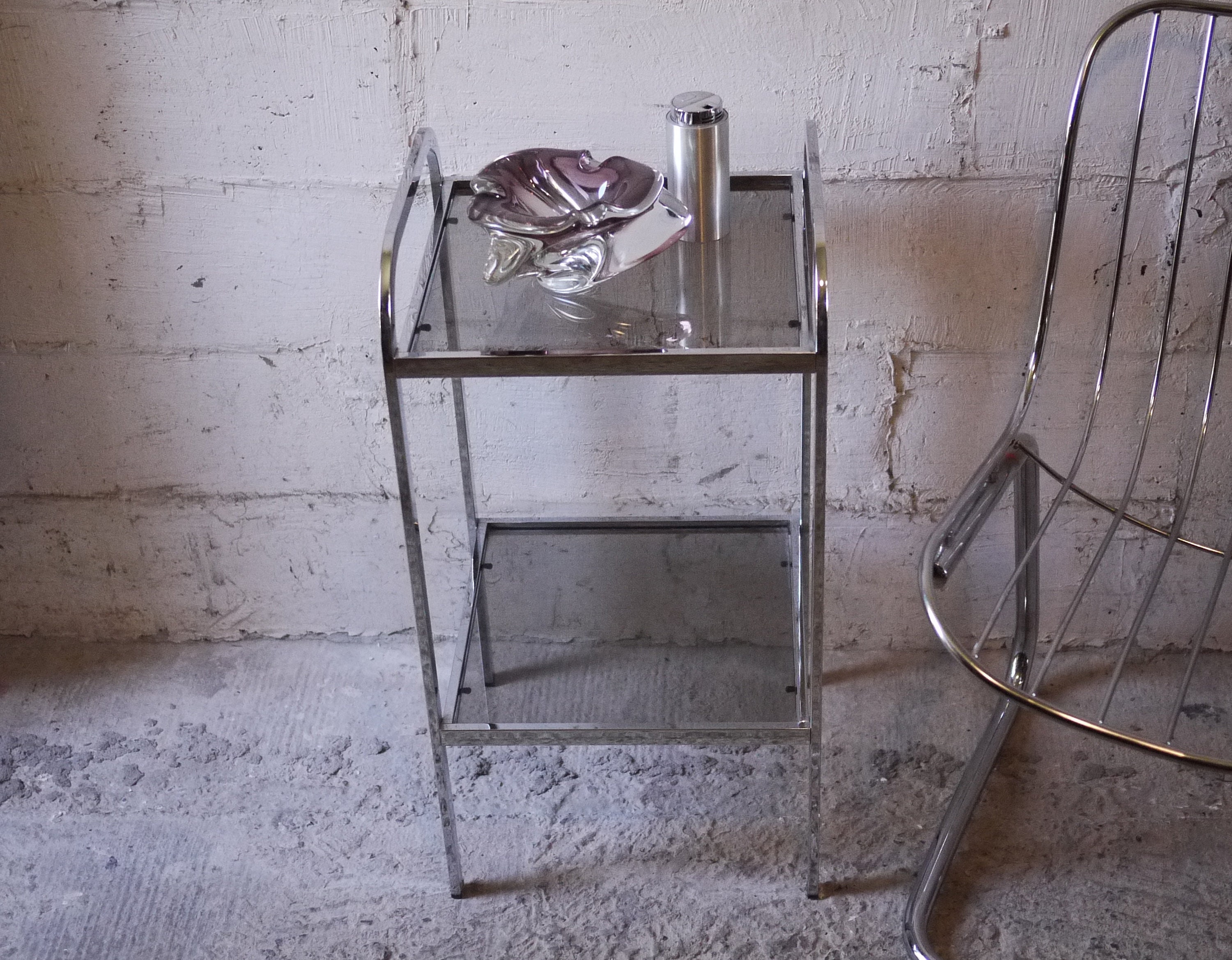 French Vintage Chrome and Glass Side Table