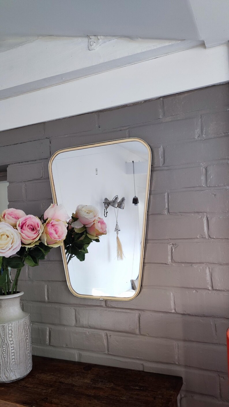 French Asymmetric Brass Wall Mirror, 1960s Rockabilly Decor image 6