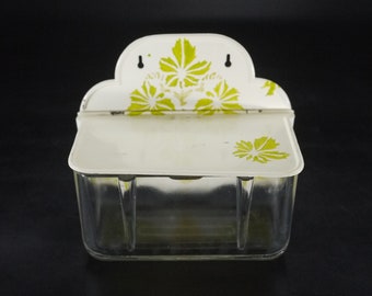 French Vintage Glass Salt Box Antique Glass Kitchen Canister with Enamel Lid