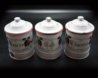 Set of 3 Antique Enamel Canisters French Floral Hand Painted Art Nouveau Enamel Spice Jars