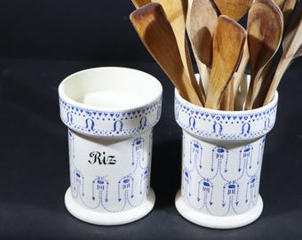 Art Deco Ironstone Storage Jar set of 2 French White and Blue Canisters Ceramic Utensil Holder