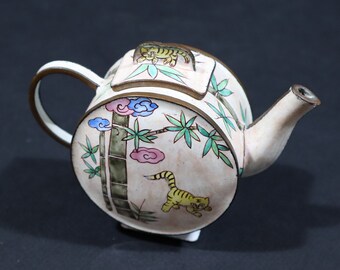 Vintage Miniature Teapot Enameled Copper Hand Painted Cat