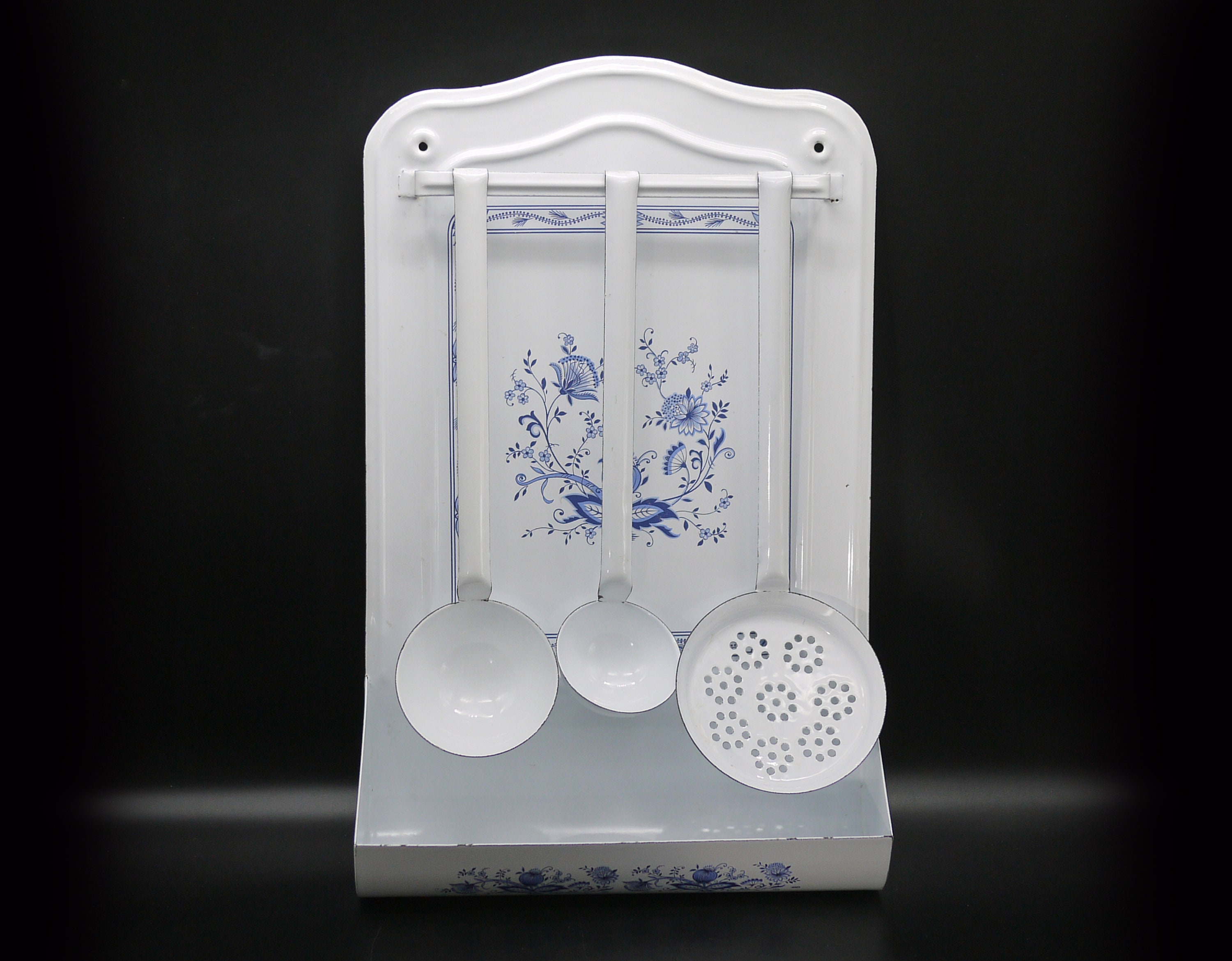 1930S French Enamelware Utensil Rack With Utensils