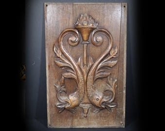 Antique French Wooden Panel Over Door Fronton Old Rectangular Carved Wall Decoration Architectural Salvage