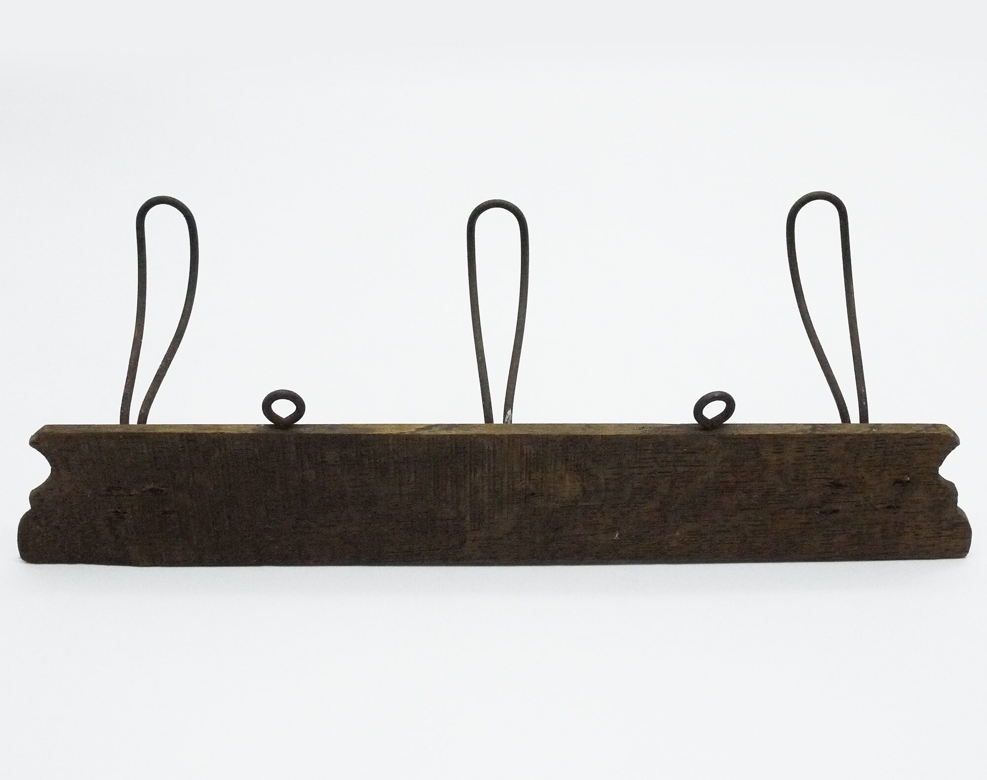Vintage French Wood Coat Rack with Wire Hooks