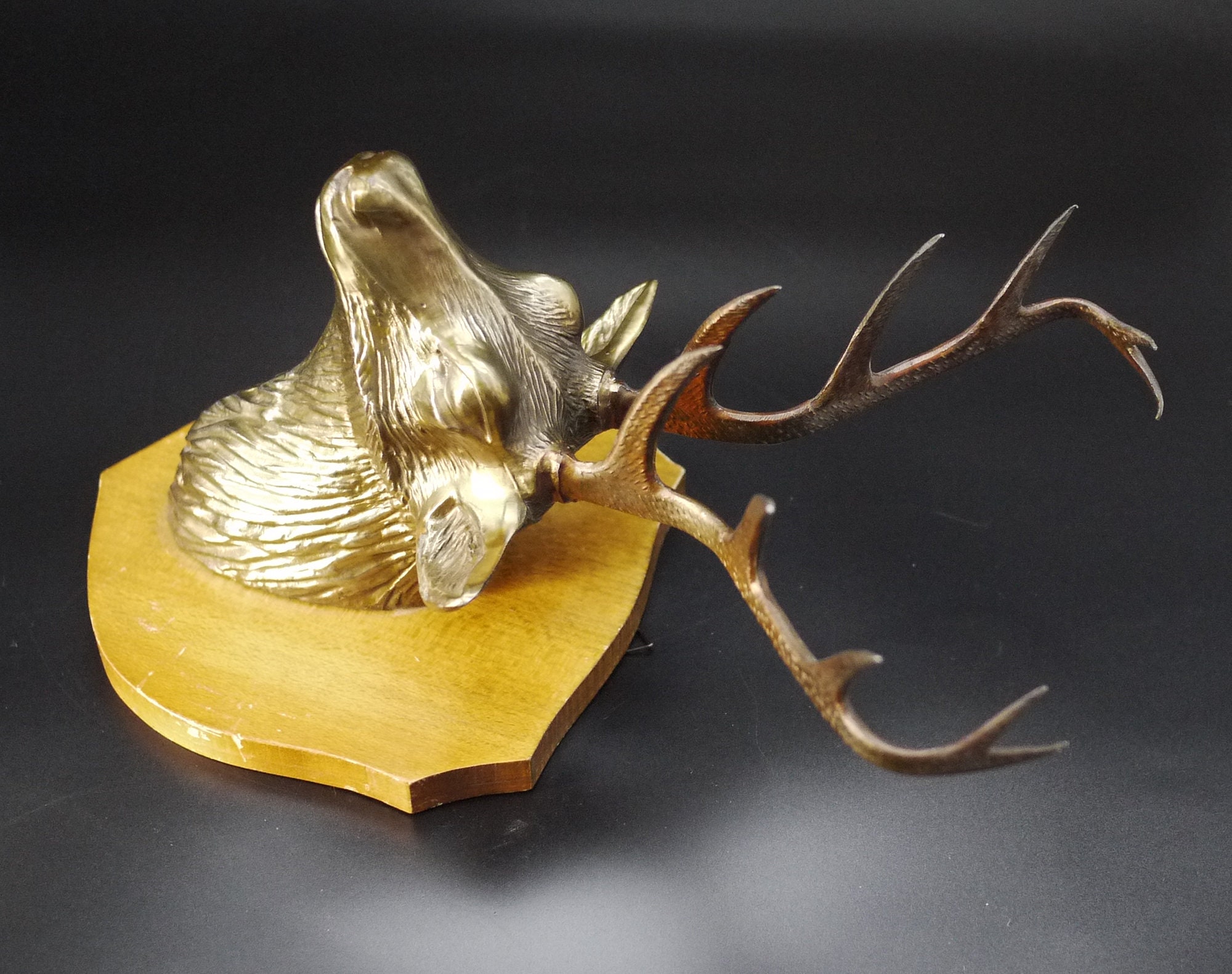 Vintage Gold Brass Deer Head Sculpture, Rustic Lodge Decor, French Faux