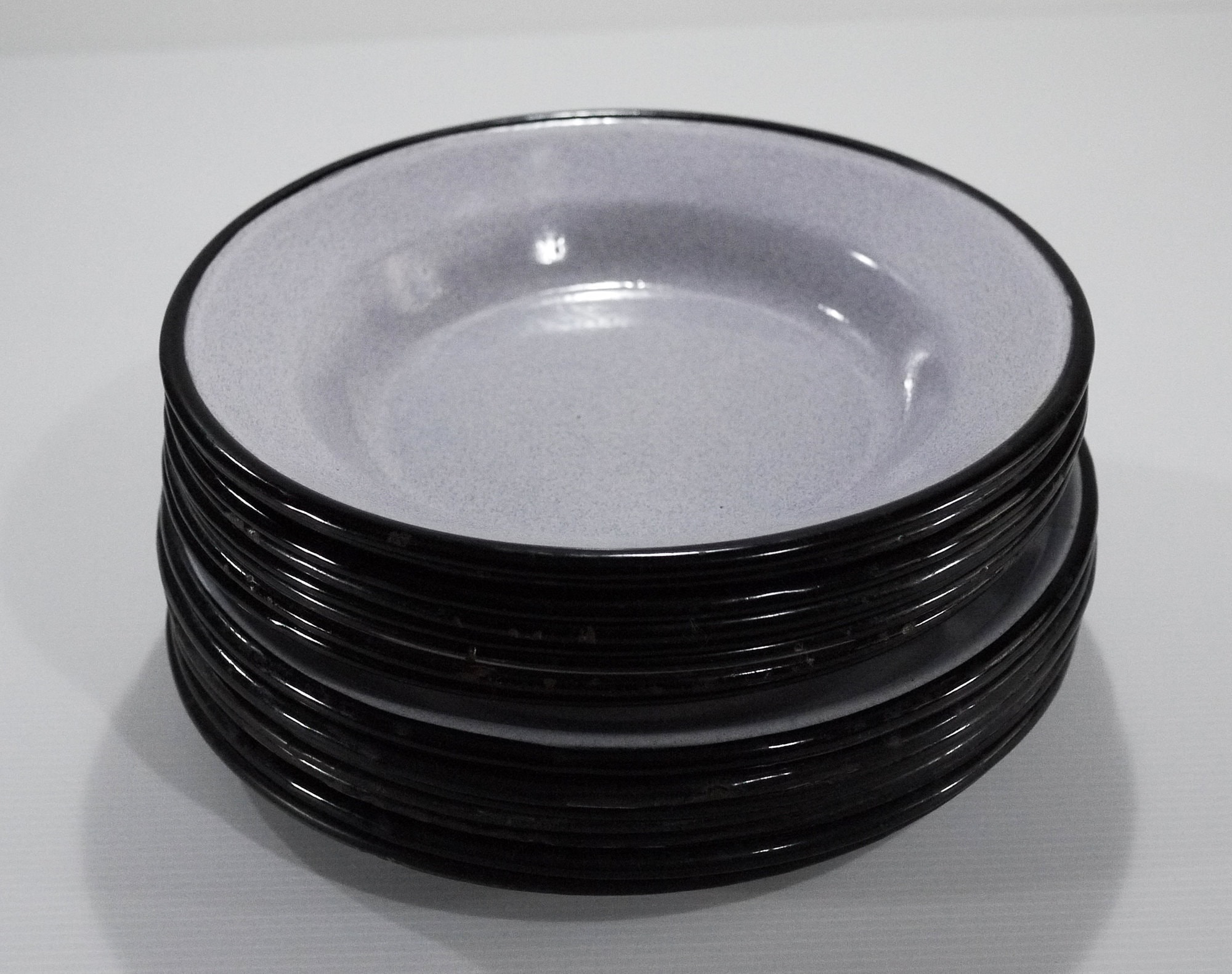 Vintage Enamelware Plate and Bowl Set of 16 Grey and Black Cesco USA