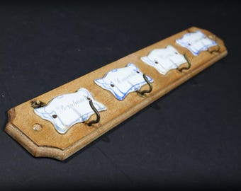 French Antique Towel Holder Wood Tea Towel Holder with 4 Hooks and Porcelain Signs