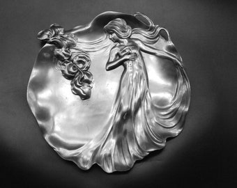Art Nouveau Pewter Vanity Desk Tray Decorative Maiden and Iris Wall Decor