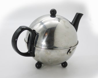 Vintage Black Ceramic Teapot with Chrome Jacket