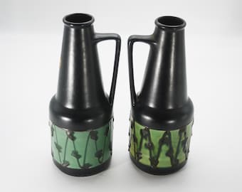 Mid Century Green and Black Vases Set - Modern German Pottery Home Decor