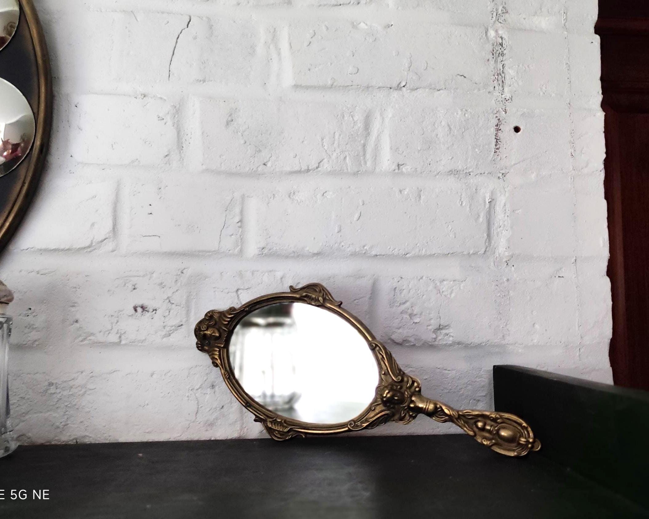 Louis XV French Style Vanity Hand mirror in Brass with Angels, 1950s