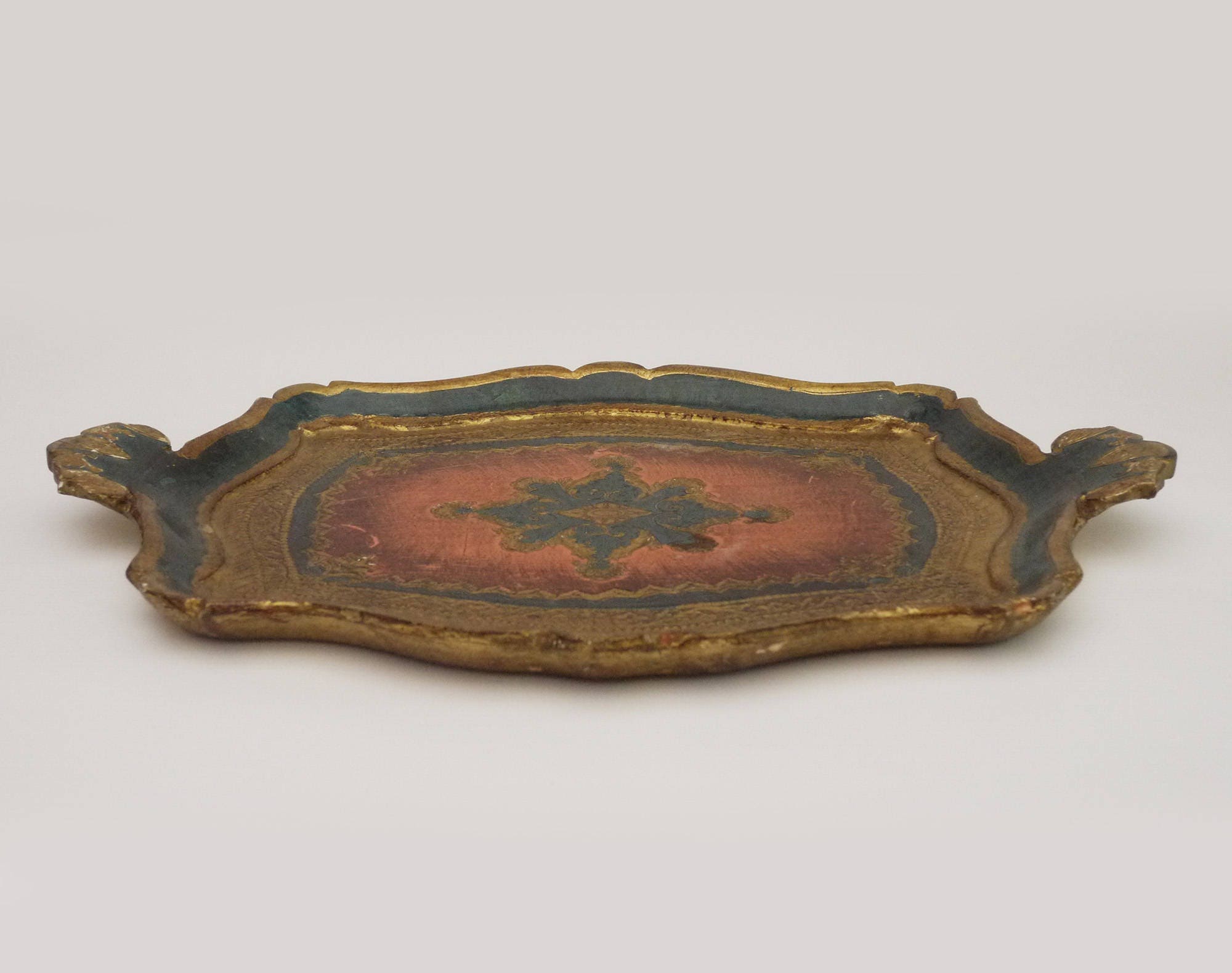 Florentine Serving Tray, Vintage Italian Tray with Carved Handles Gold