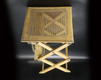 Antique Artists Chair Wooden French Folding Woven Stool with Leather Brush Case