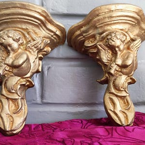 Antique Italian Cherub Wall Sconce Shelf, Gilded Plaster Pair Corbels image 12