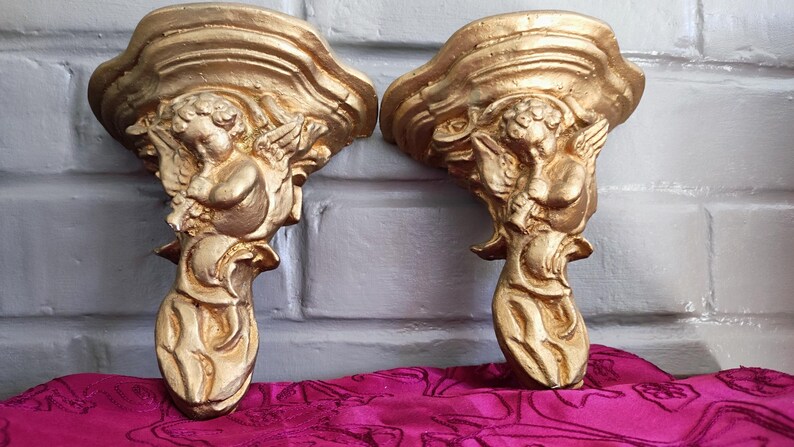 Antique Italian Cherub Wall Sconce Shelf, Gilded Plaster Pair Corbels image 12