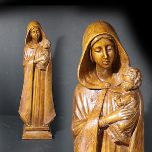 Antique Italian Madonna Statue Large Terracotta Virgin Mary and Child Chalkware Sculpture S. MELANI