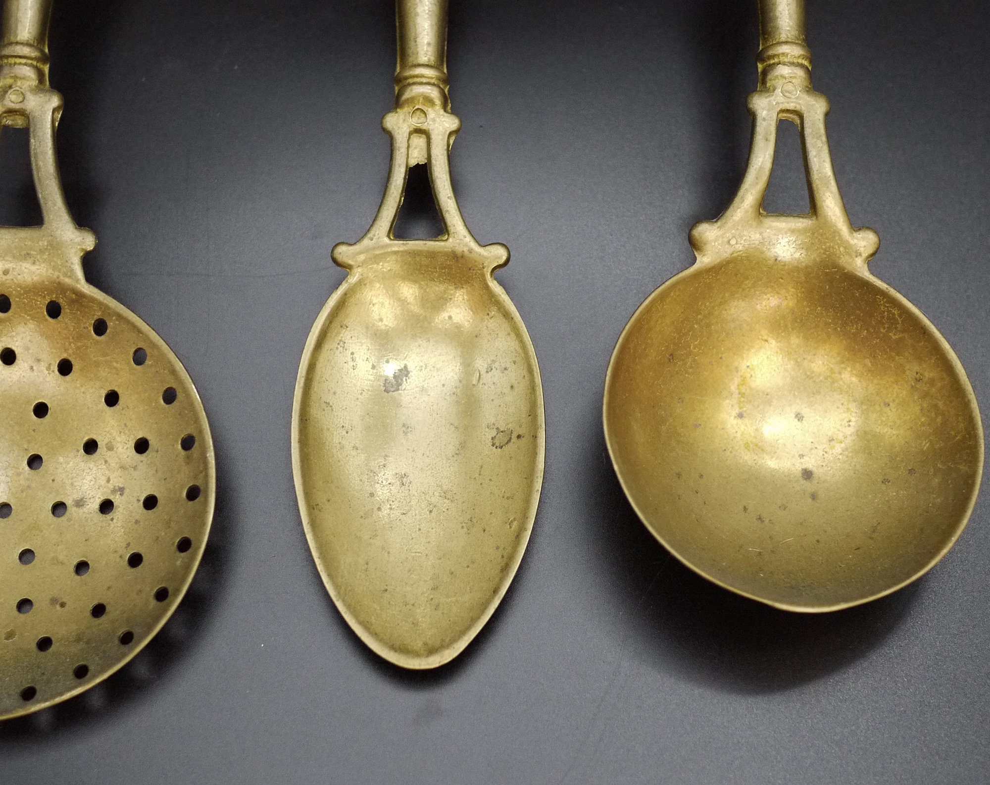 French Brass Kitchen Utensils Set with Brass Kitchen Rail, Rustic