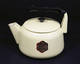 Vintage French Enamel Kettle, Yellow Teapot