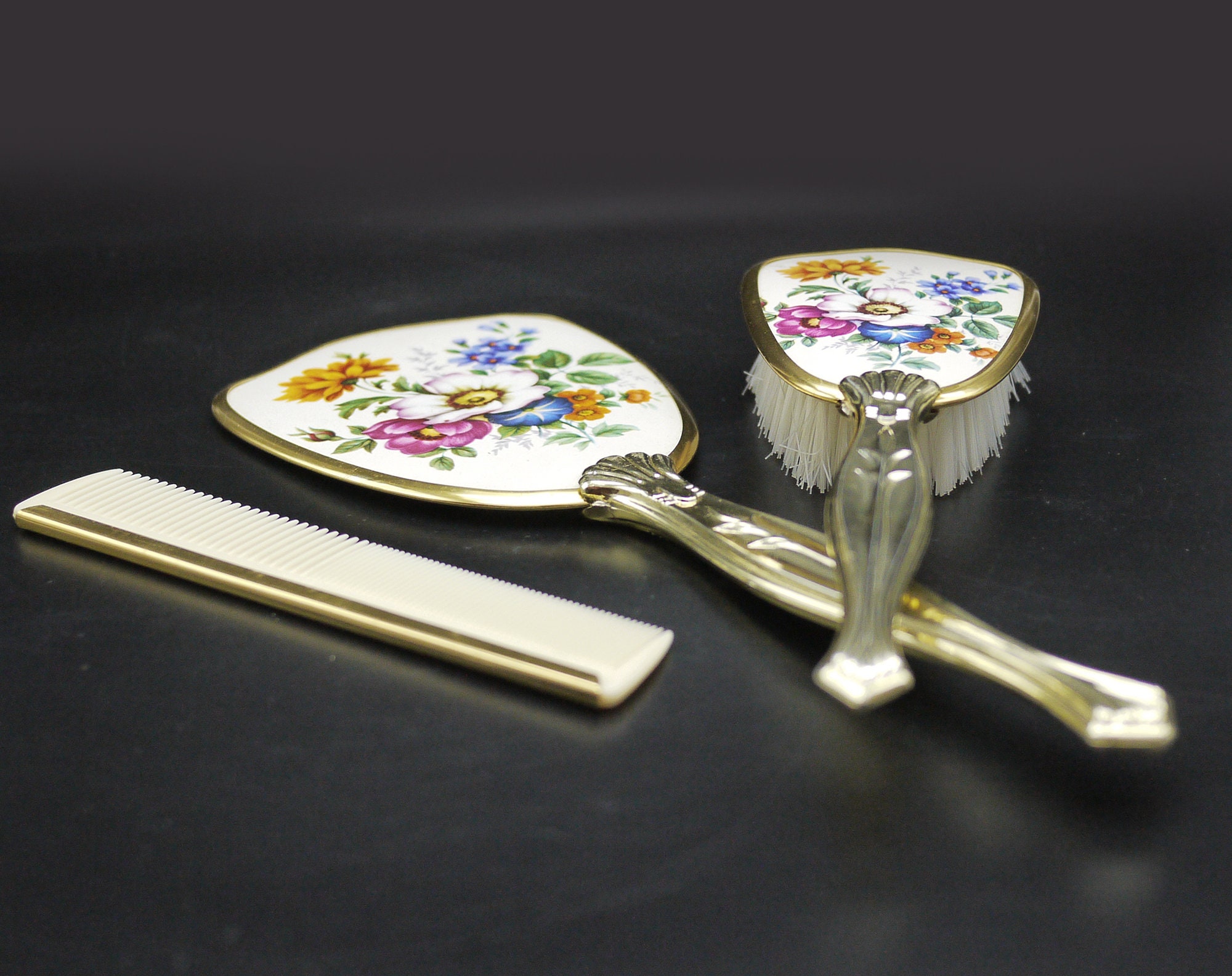 French Floral Vanity Brush Set, Hand Mirror Brush and Comb Set