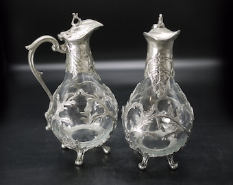 French Pewter Mounted Glass Claret Jug, S/2