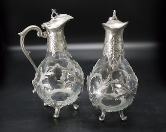 French Pewter Mounted Glass Claret Jug set Baroque Style Barware