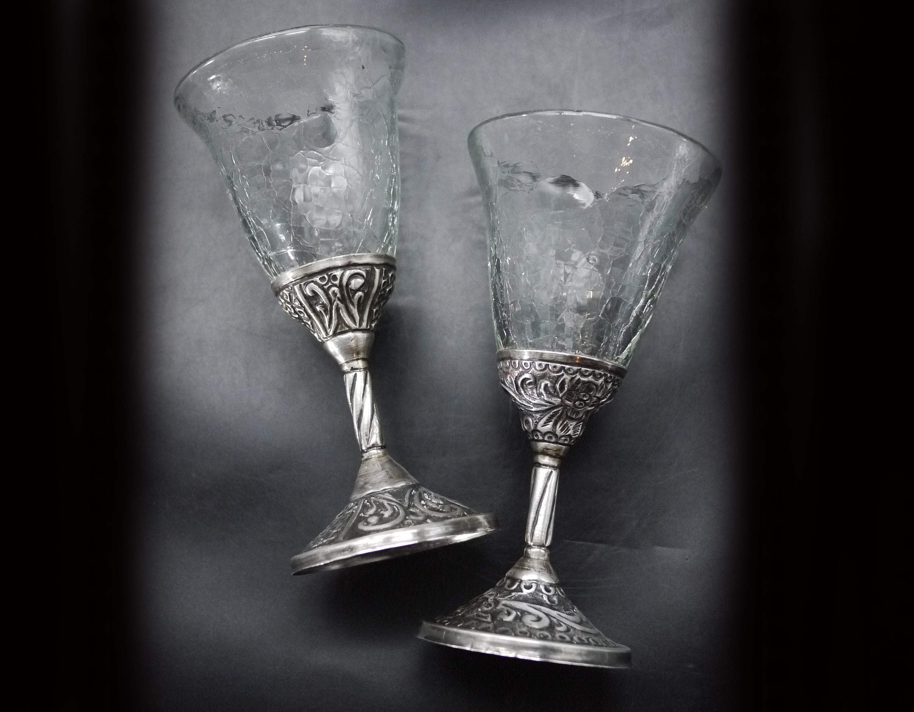 Vintage Baroque Style Wine Glass with Metal Base, S/2