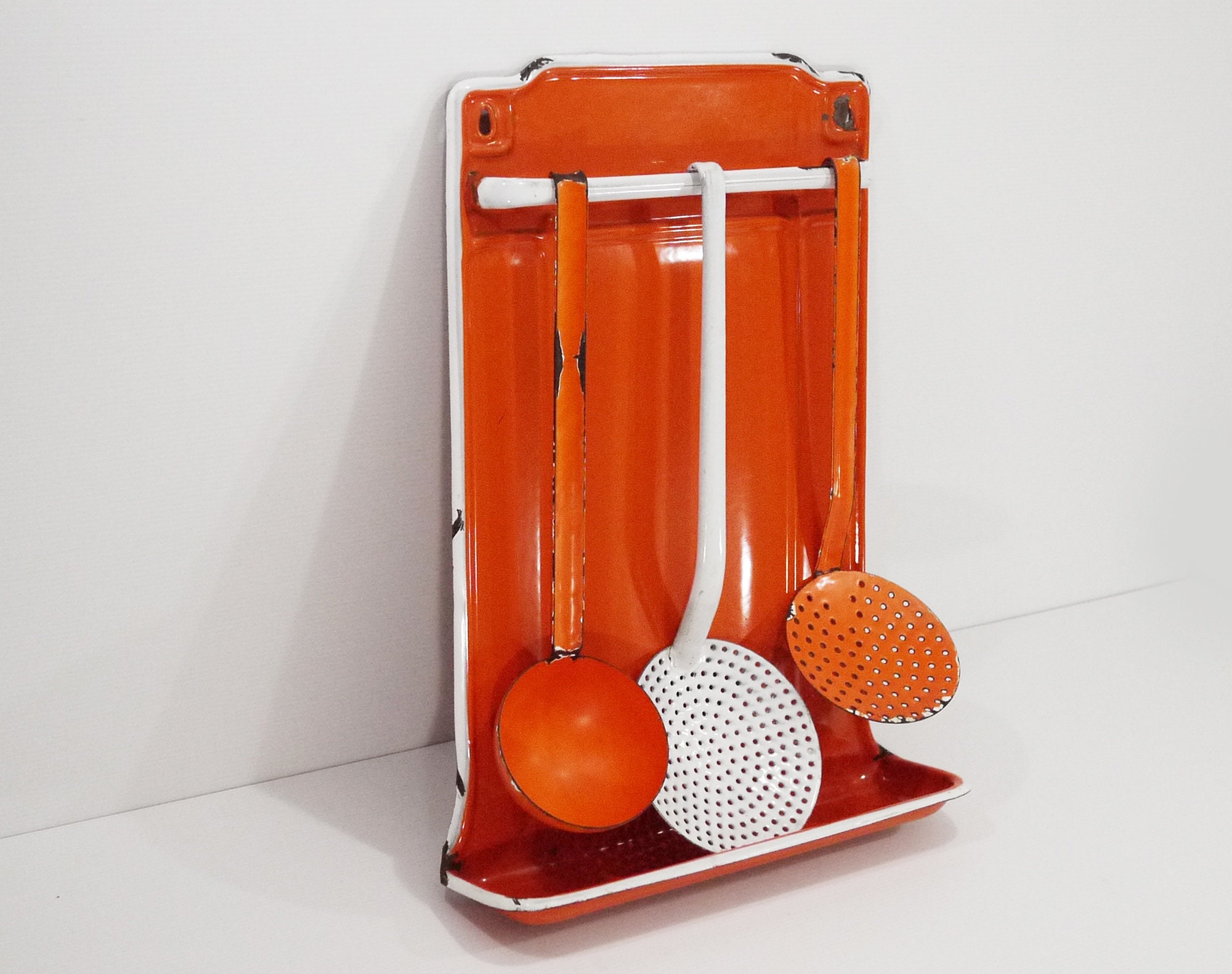 French Enamel Utensil Hanger and Set of 3 Spoon & Skimmer