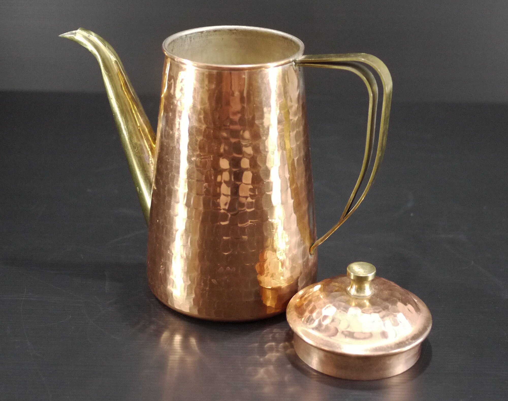 French Copper Coffee Pot with Brass Handle Rustic Kitchen Decor