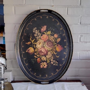 Antique Napoleon III Toleware Tray, French Hand Painted Ottoman Platter