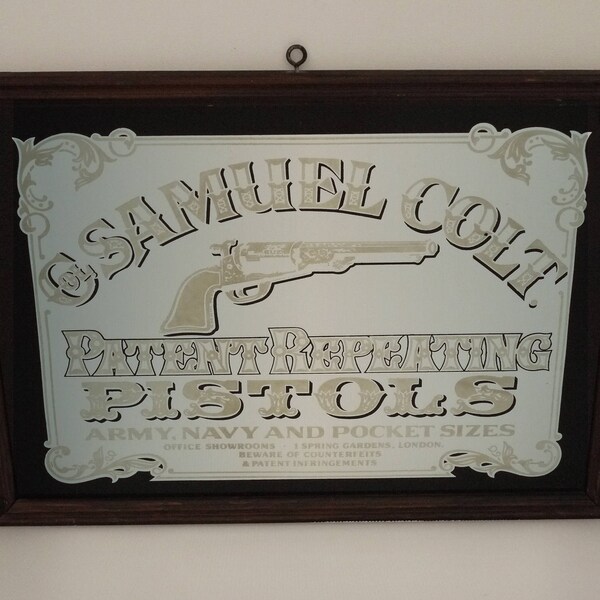 Vintage Wall Mirror For Col Samuel Colt Patent Repaeting Pistols With Wood Frame 24" x 17" Circa 1970s