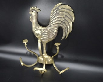 Vintage French Brass Wall Coat Rack with Rooster