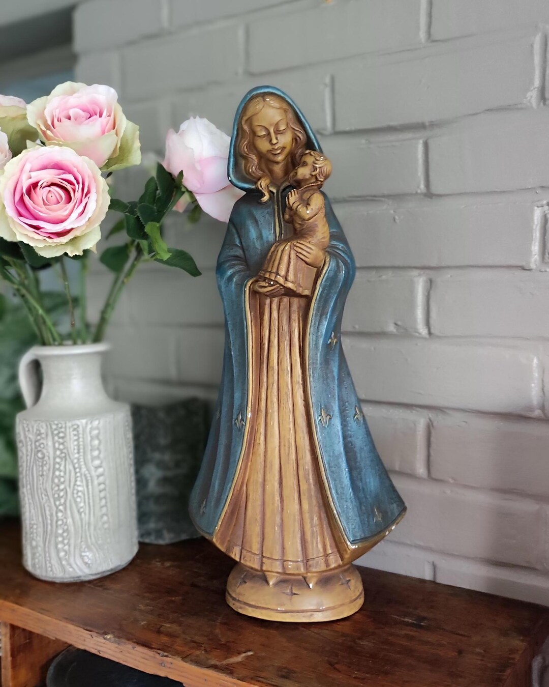 Large Italian Antique Polychrome Plaster Statue Madonna & Child 20.1 ...